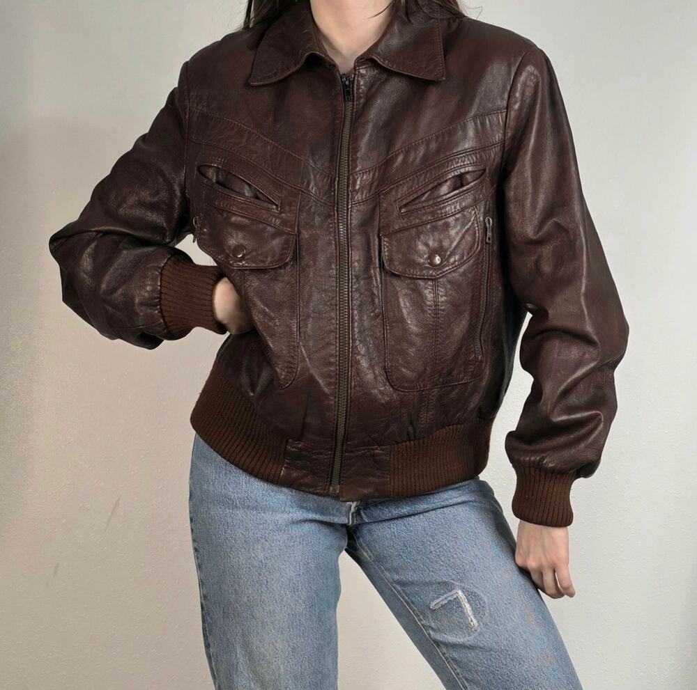 Vintage 70s 80s Bermans Leather Bomber Jacket Size 42 Brown Zip Out Liner Moto